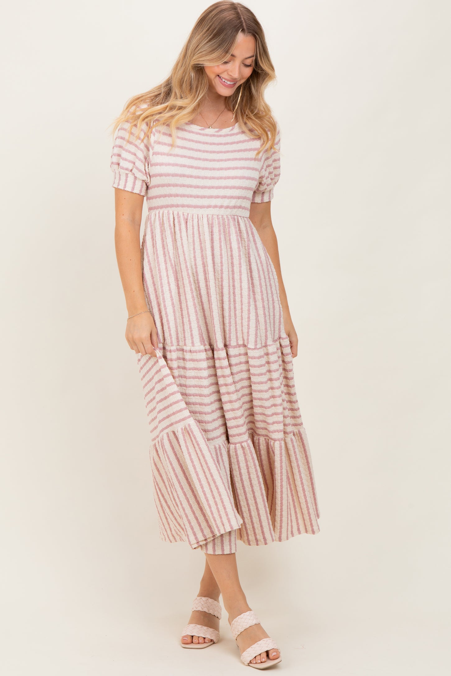 Cream/Mauve Striped Short Sleeve Tiered Maxi Dress
