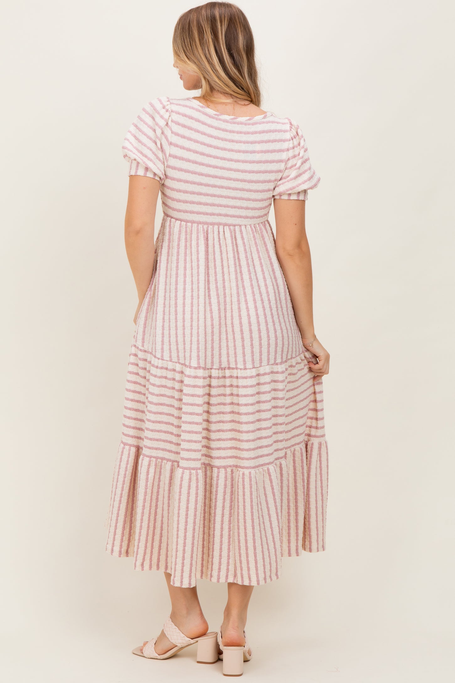 Cream/Mauve Striped Short Sleeve Tiered Maxi Dress