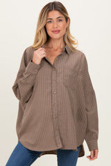 Brown Vertical Stripe Button-Down Oversized Maternity Shirt