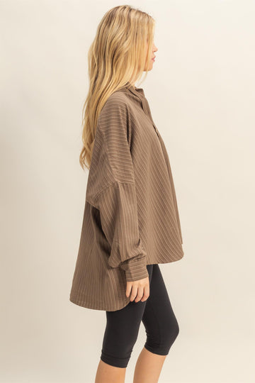 Brown Vertical Stripe Button-Down Oversized Shirt