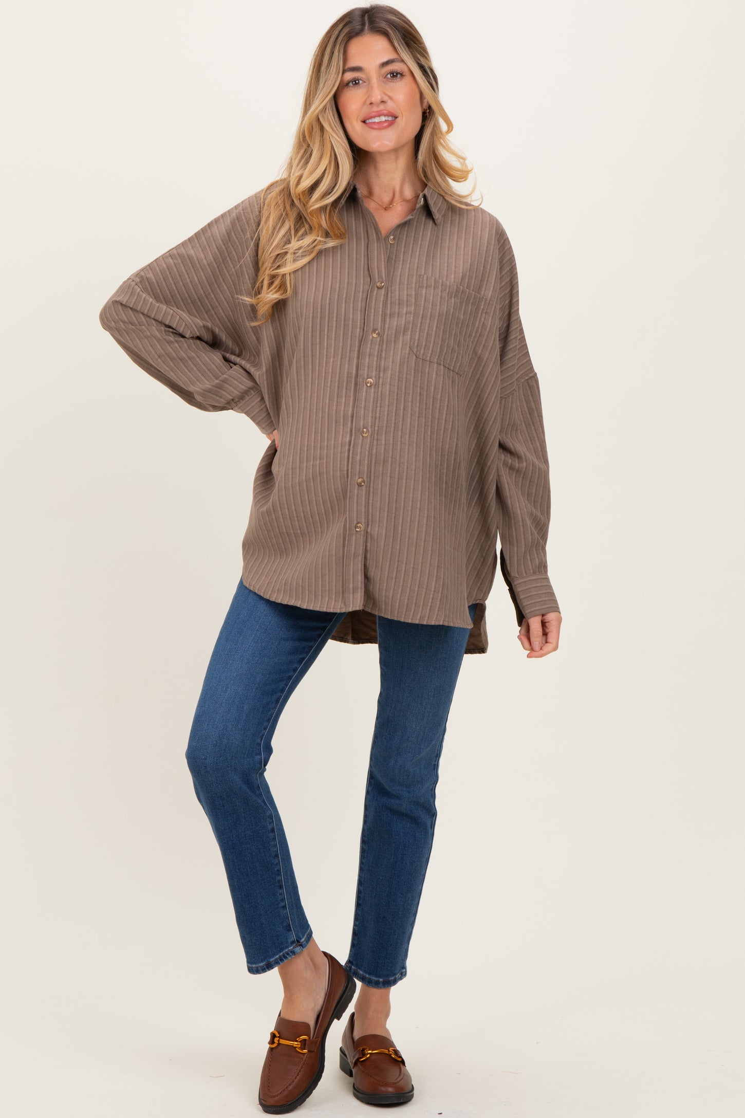Brown Vertical Stripe Button-Down Oversized Maternity Shirt