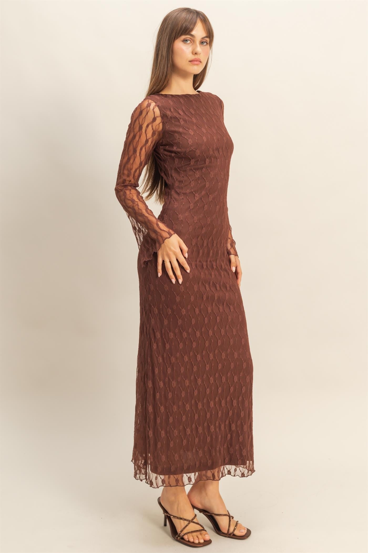 Brown Lace Overlay Fitted Maxi Dress