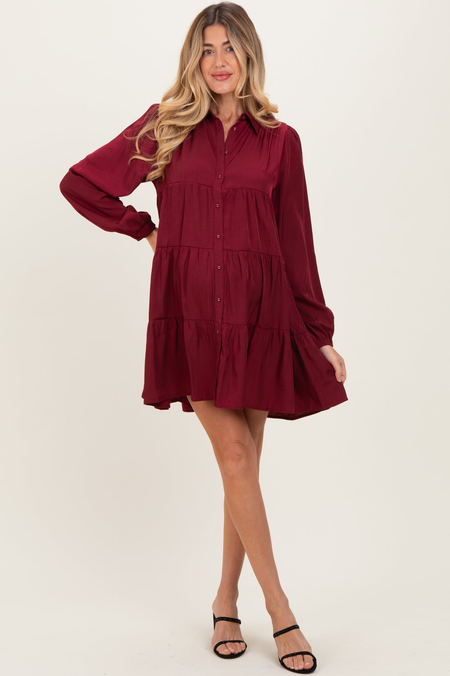 Burgundy Balloon Sleeve Tiered Maternity Shirt Dress