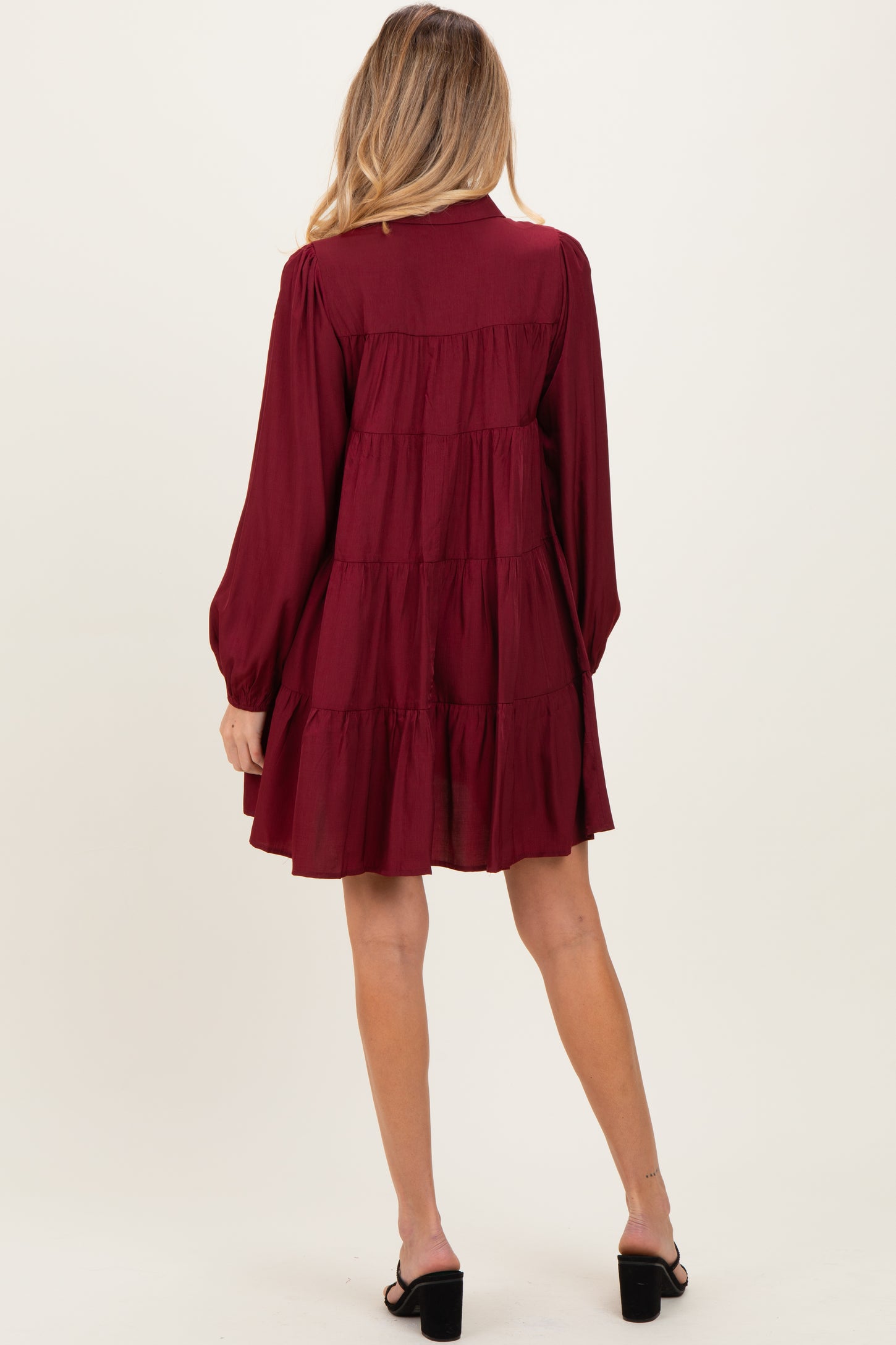 Burgundy Balloon Sleeve Tiered Maternity Shirt Dress