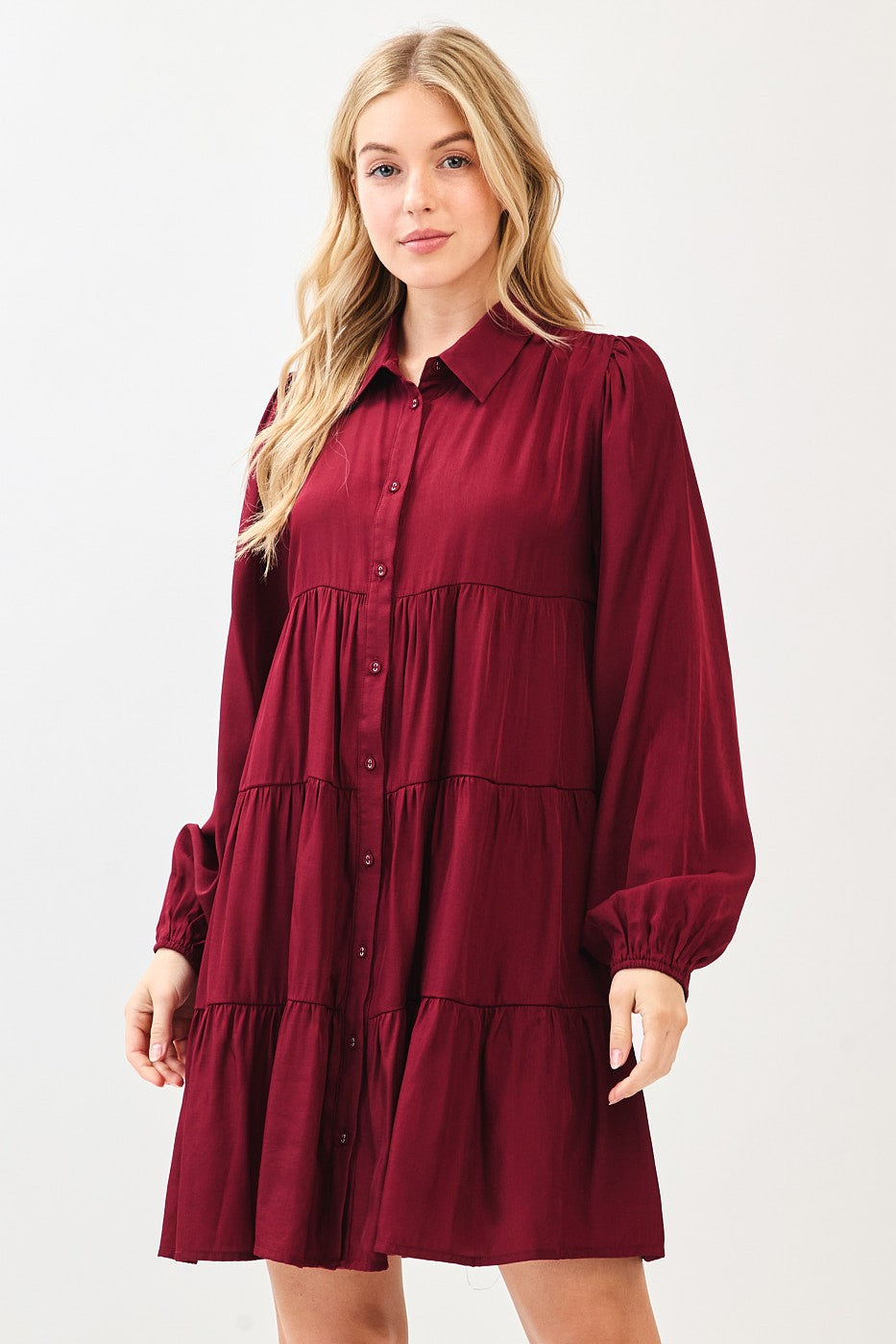 Burgundy Balloon Sleeve Tiered Maternity Shirt Dress