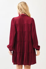 Burgundy Balloon Sleeve Tiered Shirt Dress