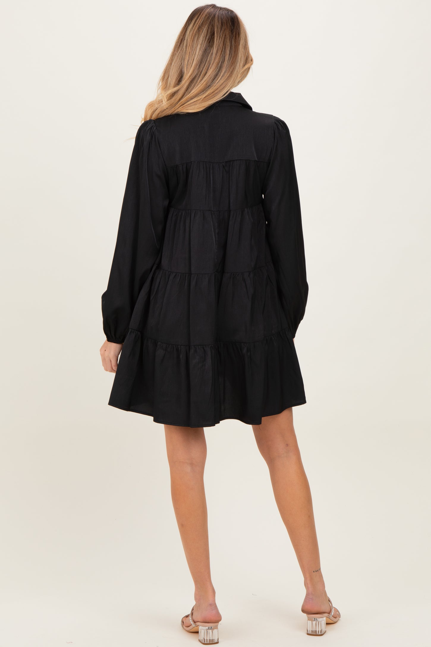 Black Balloon Sleeve Tiered Maternity Shirt Dress