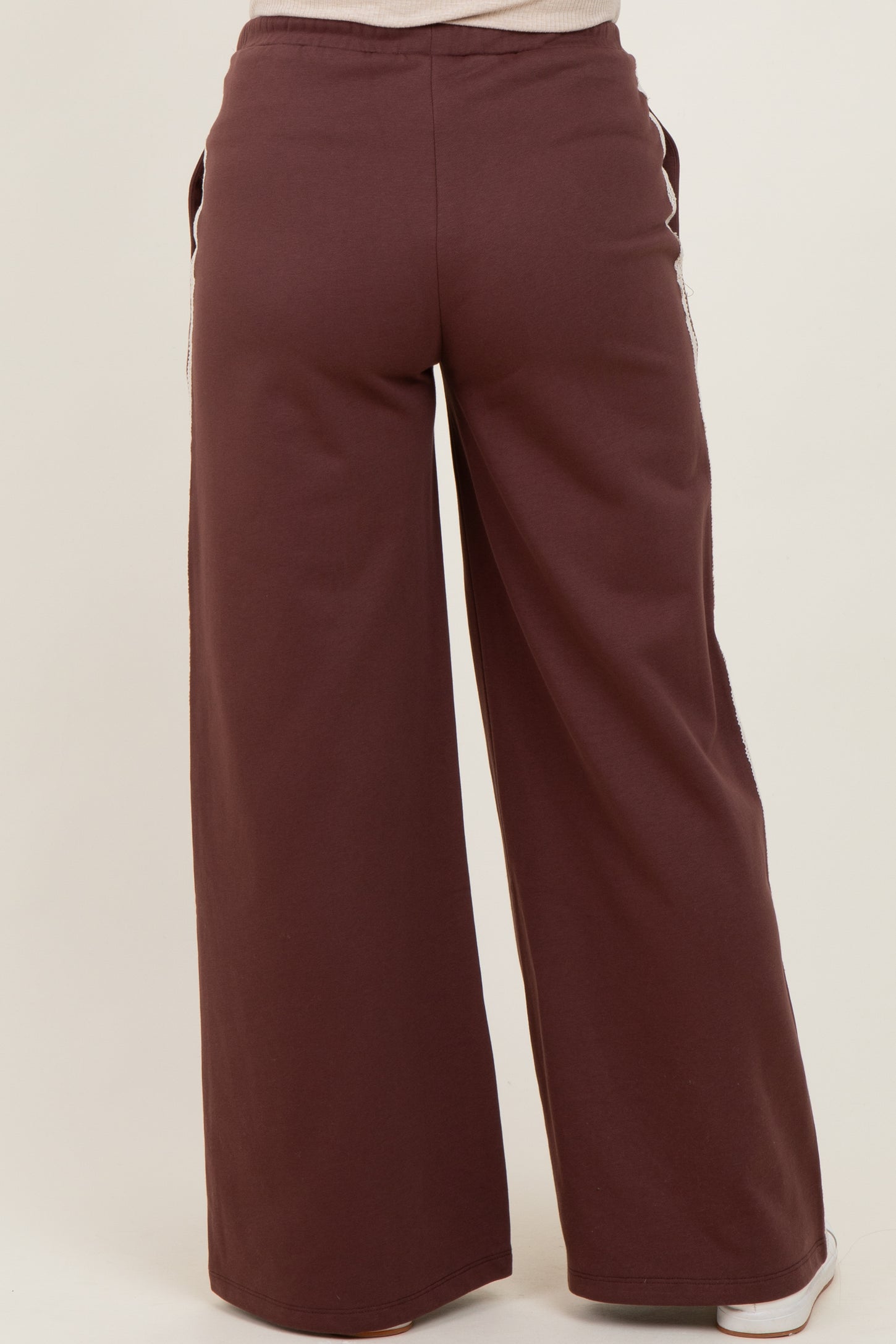 Brown Lace Stripe Drawstring Maternity Lounge Pants
