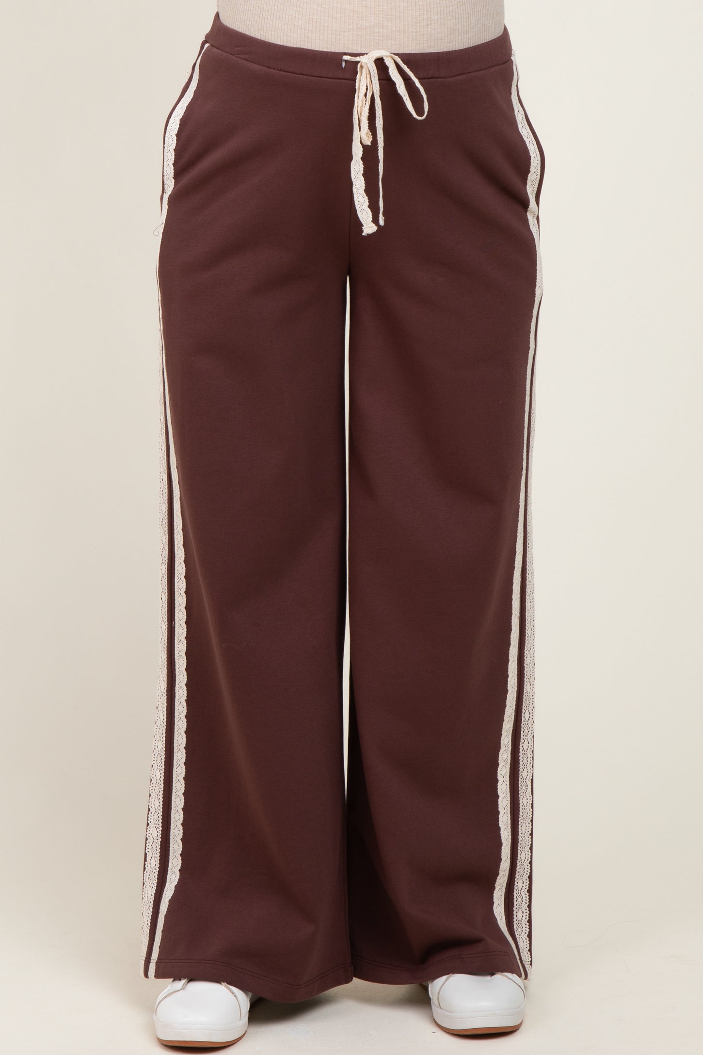 Brown Lace Stripe Drawstring Maternity Lounge Pants