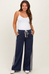 Navy Lace Stripe Drawstring Maternity Lounge Pants