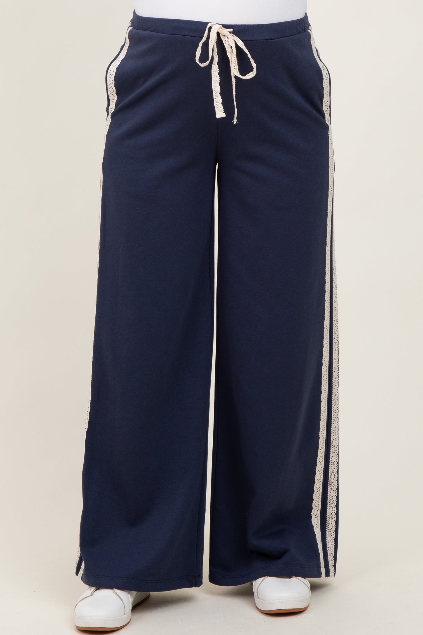 Navy Lace Stripe Drawstring Maternity Lounge Pants