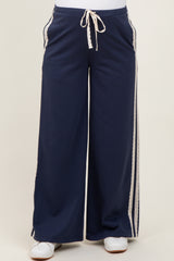 Navy Lace Stripe Drawstring Maternity Lounge Pants