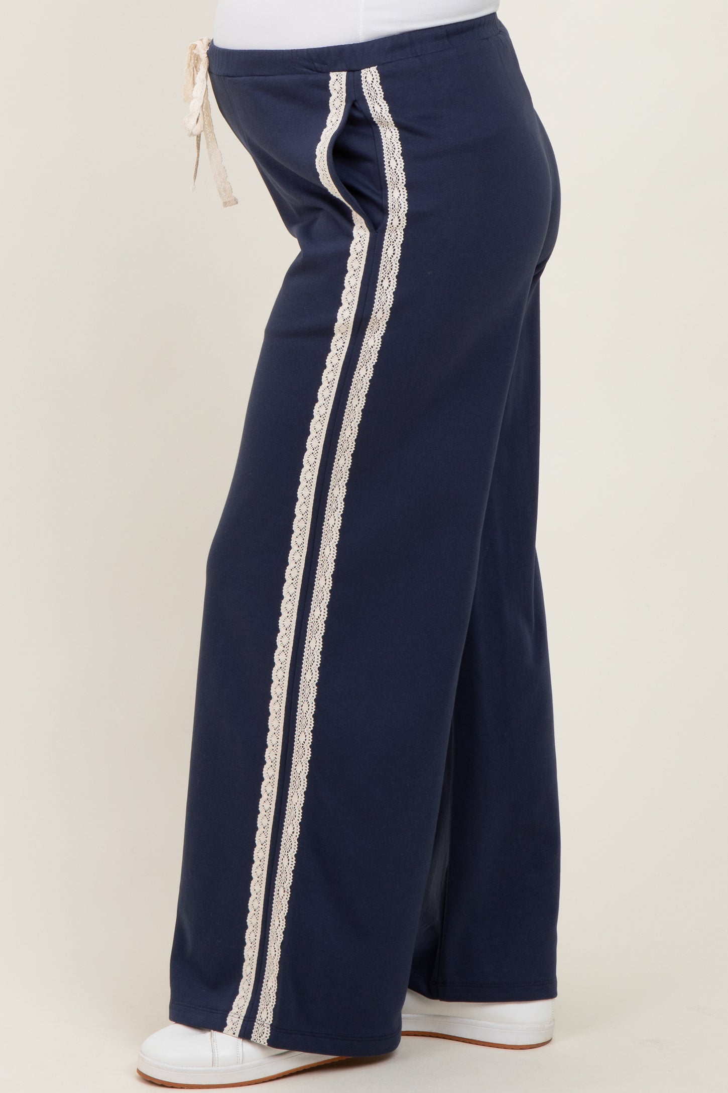 Navy Lace Stripe Drawstring Maternity Lounge Pants