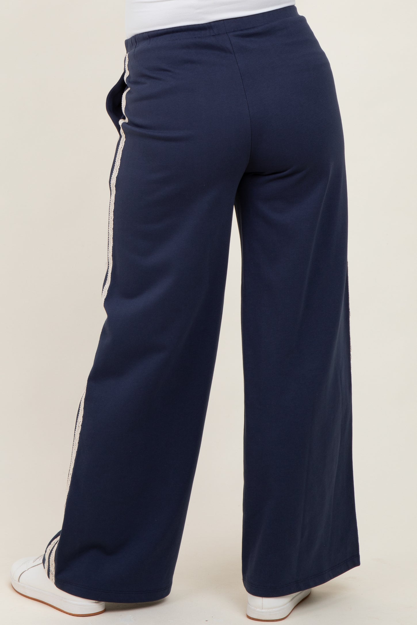 Navy Lace Stripe Drawstring Maternity Lounge Pants