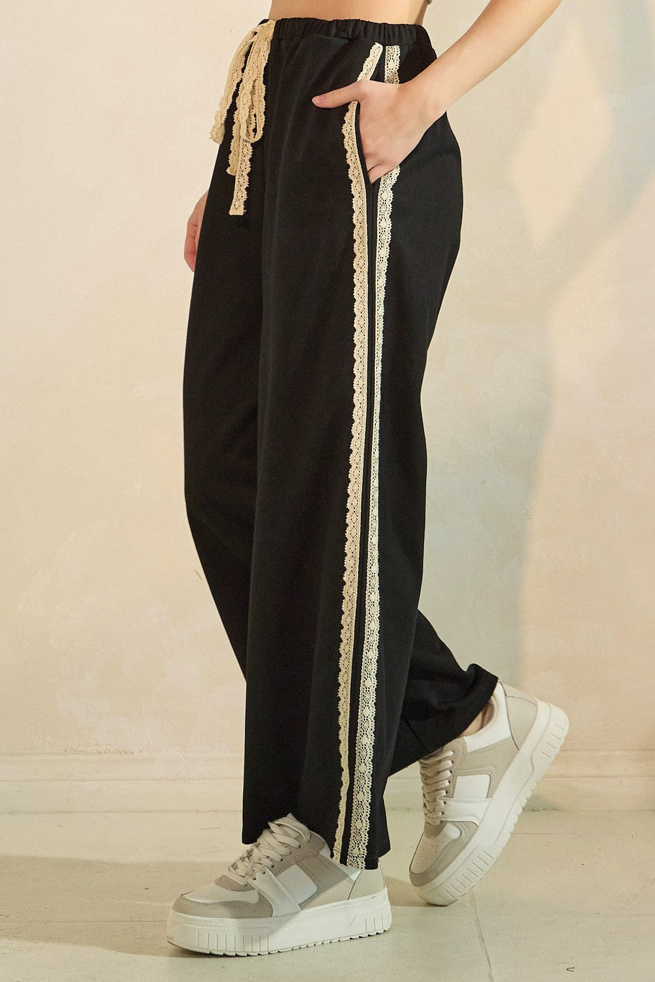Black Lace Stripe Drawstring Lounge Pants