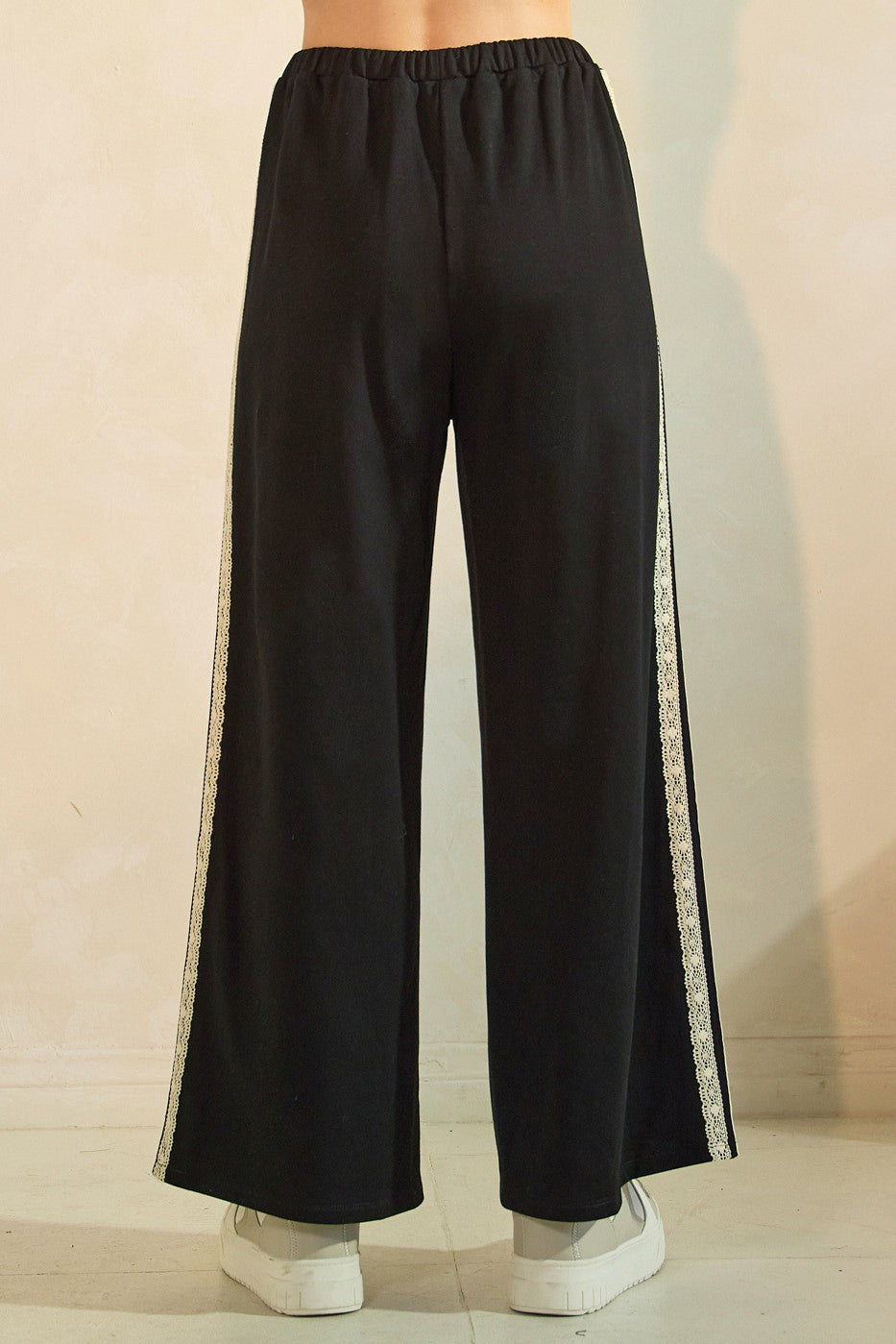 Black Lace Stripe Drawstring Lounge Pants