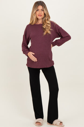 Burgundy Puff Sleeve Solid Ribbed Maternity Top
