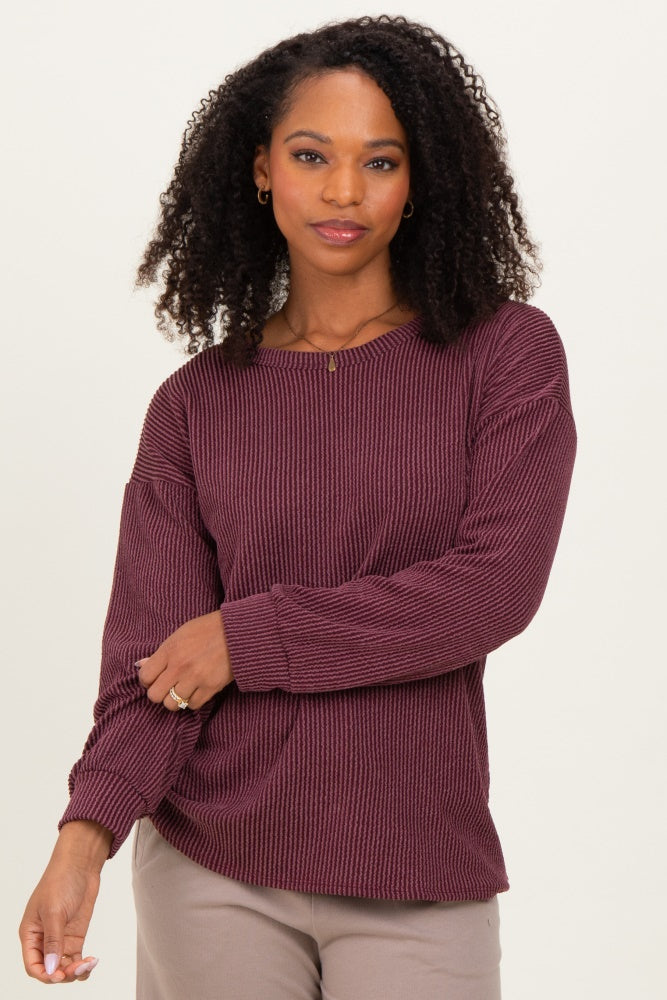 Burgundy Puff Sleeve Solid Ribbed Maternity Top