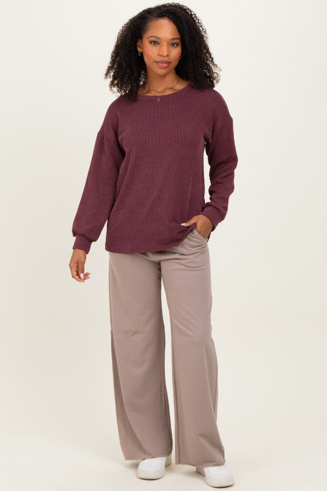 Burgundy Puff Sleeve Solid Ribbed Top