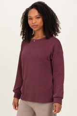 Burgundy Puff Sleeve Solid Ribbed Top