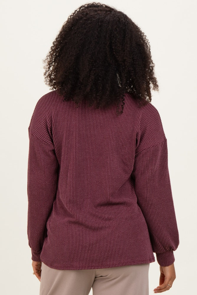 Burgundy Puff Sleeve Solid Ribbed Top