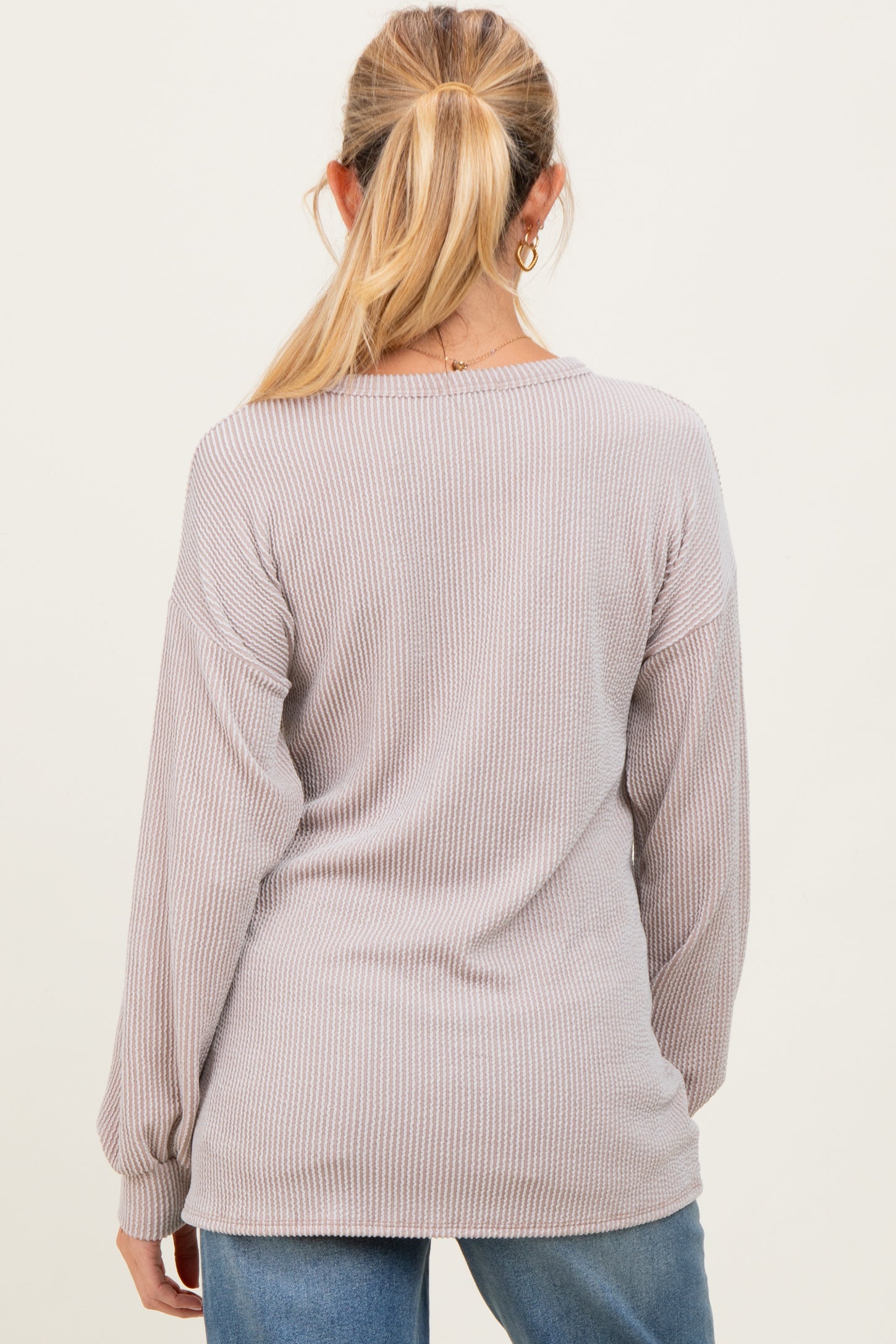 Beige Puff Sleeve Solid Ribbed Maternity Top