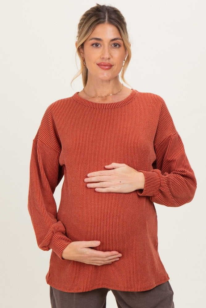 Rust Puff Sleeve Solid Ribbed Maternity Top