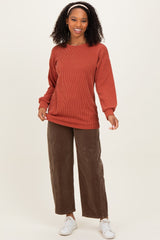 Rust Puff Sleeve Solid Ribbed Top