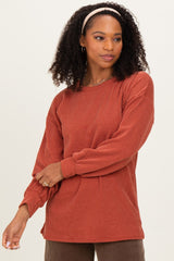 Rust Puff Sleeve Solid Ribbed Maternity Top