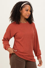 Rust Puff Sleeve Solid Ribbed Top