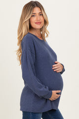 Navy Puff Sleeve Solid Ribbed Maternity Top