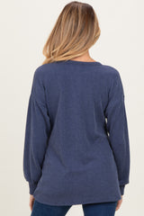 Navy Puff Sleeve Solid Ribbed Maternity Top