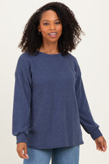 Navy Puff Sleeve Solid Ribbed Maternity Top