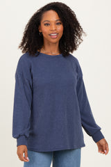 Navy Puff Sleeve Solid Ribbed Top