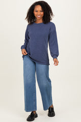 Navy Puff Sleeve Solid Ribbed Top