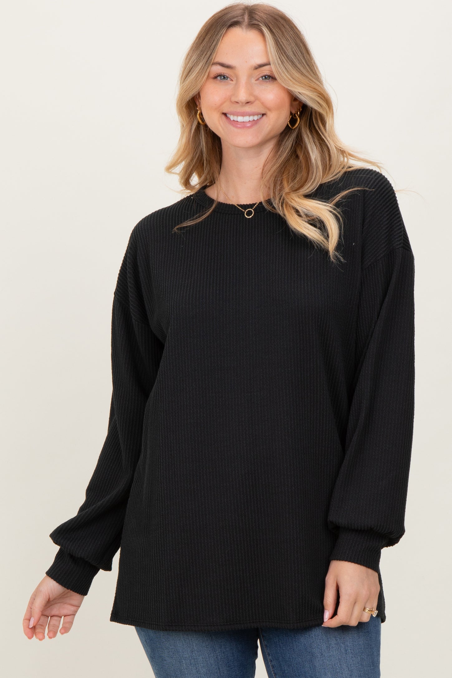 Black Puff Sleeve Solid Ribbed Maternity Top