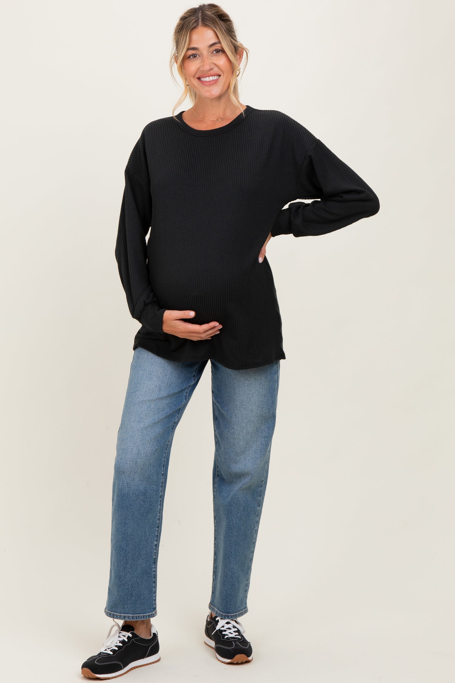 Black Puff Sleeve Solid Ribbed Maternity Top