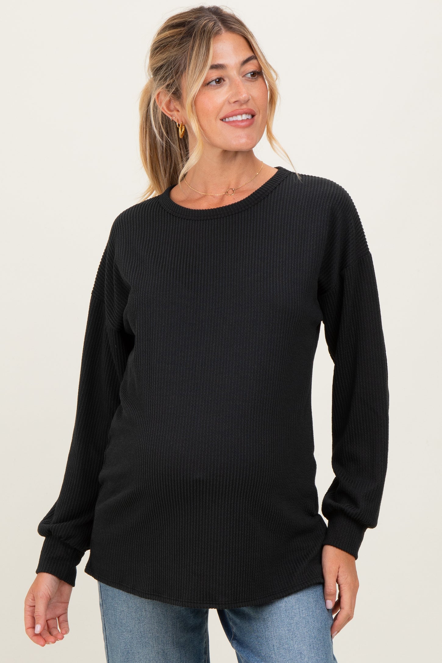 Black Puff Sleeve Solid Ribbed Maternity Top