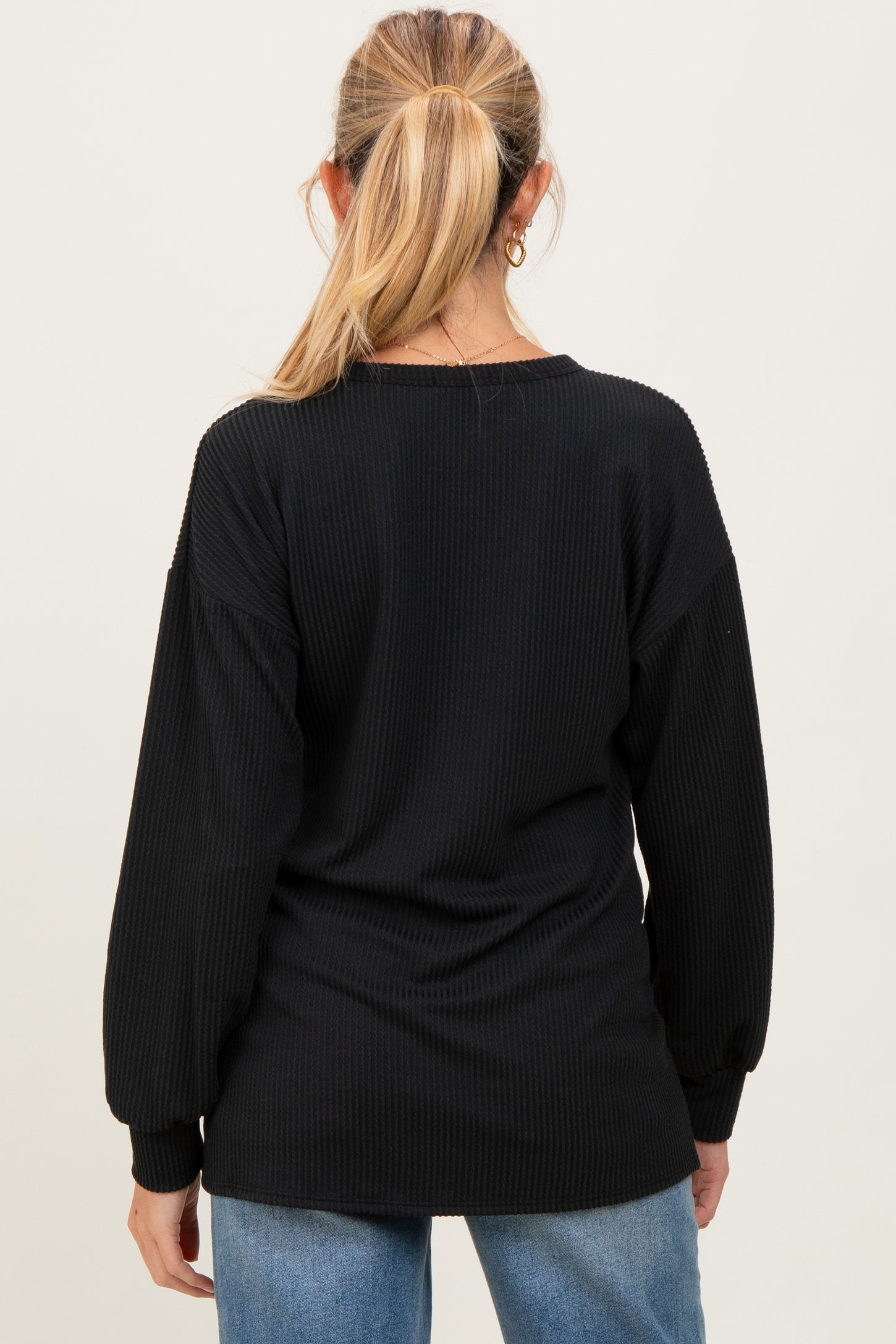 Black Puff Sleeve Solid Ribbed Maternity Top