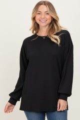 Black Puff Sleeve Solid Ribbed Top