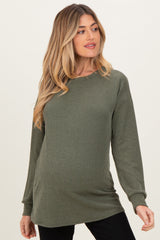 Olive Puff Sleeve Solid Ribbed Maternity Top