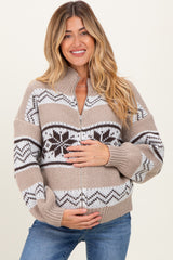 Brown Fair Isle Print Zip Up Maternity Sweater Jacket