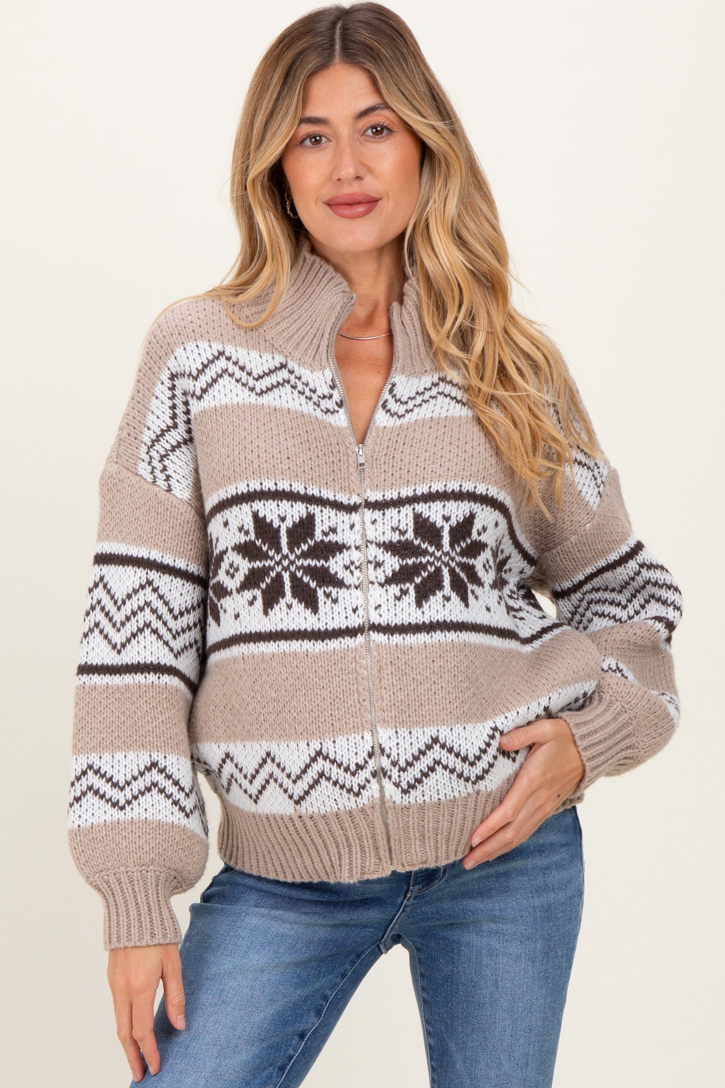 Brown Fair Isle Print Zip Up Maternity Sweater Jacket