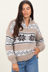 Brown Fair Isle Print Zip Up Sweater Jacket