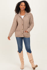 Beige Cable Knit Collared Button Up Cardigan