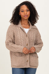 Beige Cable Knit Collared Button Up Cardigan