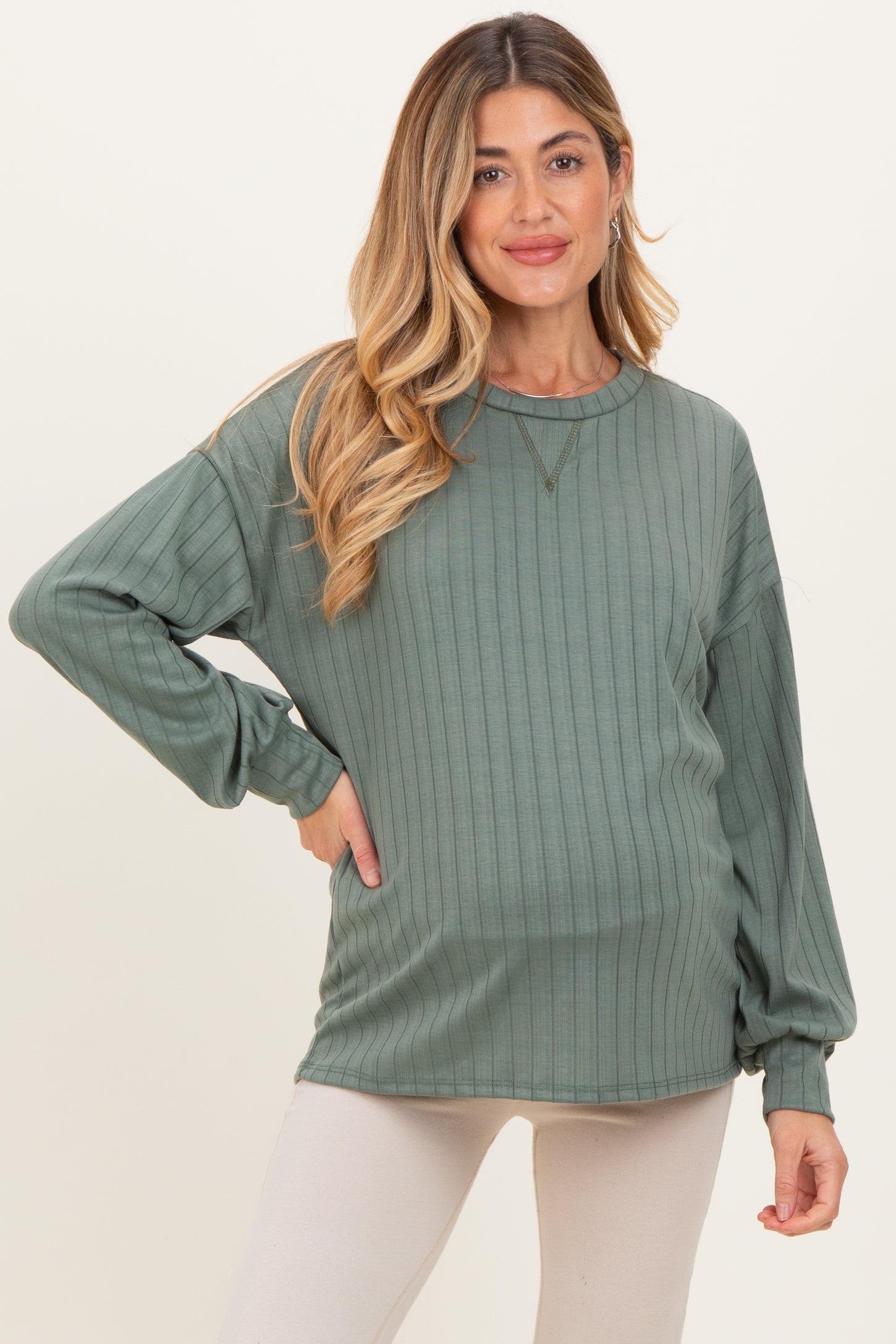 Olive Ribbed Knit Bubble Sleeve Maternity Pullover Top