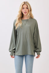 Olive Ribbed Knit Bubble Sleeve Pullover Top