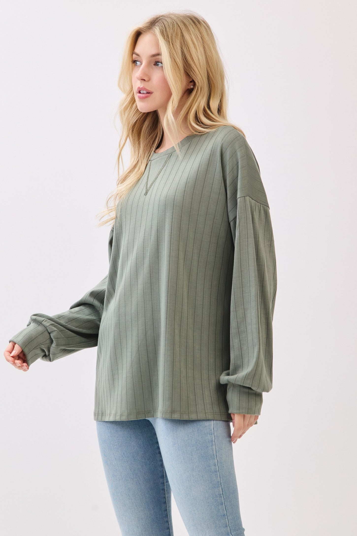 Olive Ribbed Knit Bubble Sleeve Pullover Top