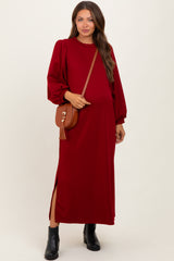 Burgundy Side Slit Detail Solid Maternity Midi Dress